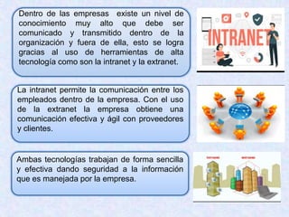 Dentro de las empresas existe un nivel de
conocimiento muy alto que debe ser
comunicado y transmitido dentro de la
organización y fuera de ella, esto se logra
gracias al uso de herramientas de alta
tecnología como son la intranet y la extranet.
La intranet permite la comunicación entre los
empleados dentro de la empresa. Con el uso
de la extranet la empresa obtiene una
comunicación efectiva y ágil con proveedores
y clientes.
Ambas tecnologías trabajan de forma sencilla
y efectiva dando seguridad a la información
que es manejada por la empresa.
 