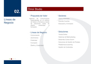 02.
Ömoi Studio
· Propuesta de Valor
Agencia de Comunicación
especializada en el entorno
de Salud y Farmacia a través
de soluciones online de
diseño, creatividad y
formación
· Líneas de Negocio
· Comunicación
· eCommerce
· Publicidad
· Formación
· Diseño y Creatividad
· Sectores
· Salud y Farmacia
· Grandes Cuentas
· Educación y Formación
· Soluciones
· Tienda Online
· Sistemas de Mailmarketing
· Desarrollo Cursos Scorm
· Soluciones de Gestión de Portales
· Plataformas eLearning
· Gestión de Contenidos
Líneas de
Negocio
 