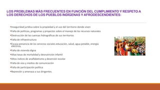 LOS PROBLEMAS MÁS FRECUENTES EN FUNCIÓN DEL CUMPLIMIENTO Y RESPETO A
LOS DERECHOS DE LOS PUEBLOS INDÍGENAS Y AFRODESCENDIENTES:
Inseguridad jurídica sobre la propiedad y el uso del territorio donde viven
Falta de políticas, programas y proyectos sobre el manejo de los recursos naturales
Destrucción de las cuencas hidrográficas de sus territorios
Falta de infraestructura
Escasa presencia de los servicios sociales educación, salud, agua potable, energía
eléctrica,
Falta de vivienda digna
Altas tasas de mortalidad y desnutrición infantil
Altos índices de analfabetismo y deserción escolar
Falta de vías y medios de comunicación
Falta de participación política
Represión y amenaza a sus dirigentes.
 