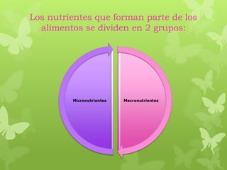 Los nutrientes que forman parte de los
alimentos se dividen en 2 grupos:
MacronutrientesMicronutrientes
 