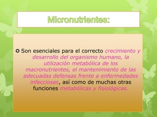  Son esenciales para el correcto crecimiento y
desarrollo del organismo humano, la
utilización metabólica de los
macronutrientes, el mantenimiento de las
adecuadas defensas frente a enfermedades
infecciosas, así como de muchas otras
funciones metabólicas y fisiológicas.
 