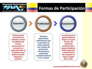 Formas de Participación
Tenemos
alternativas
publicitarias que
le permiten el
estar presente
con medios de
promoción,
información y
publicidad
complementarios
o no al stand.
Profesionales
recorrerán el
certamen, todos
los Medios de
Prensa
promoverán el
encuentro, y
especialmente, la
ciudadanía que
podrá conocer,
degustar y
comprar.
Le ofrecemos la
oportunidad de
llegar a un gran
número de
visitantes
profesionales,
especializados o
público general,
y beneficiarse
de compartir la
mejor imagen
del evento.
Expositor Publicidad Auspiciante
www.guayaquilgastronomico.com
 