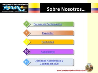 www.guayaquilgastronomico.com
Sobre Nosotros…
Formas de Participación6
Expositor7
Publicidad9
Auspiciante10
Jornadas Académicas y
Cocinas en Vivo
11
 