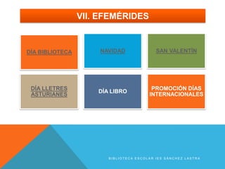 VII. EFEMÉRIDES


DÍA BIBLIOTECA       NAVIDAD               SAN VALENTÍN




 DÍA LLETRES                             PROMOCIÓN DÍAS
                     DÍA LIBRO
 ASTURIANES                             INTERNACIONALES




                        BIBLIOTECA ESCOLAR IES SÁNCHEZ LASTRA
 
