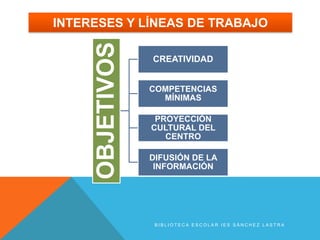 INTERESES Y LÍNEAS DE TRABAJO




     OBJETIVOS
                 CREATIVIDAD


                 COMPETENCIAS
                   MÍNIMAS

                  PROYECCIÓN
                 CULTURAL DEL
                    CENTRO

                 DIFUSIÓN DE LA
                  INFORMACIÓN




                  BIBLIOTECA ESCOLAR IES SÁNCHEZ LASTRA
 