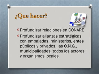 ¿Que hacer? Profundizar relaciones en CONARE Profundizar alianzas estratégicas con embajadas, ministerios, entes públicos y privados, las O.N.G., municipalidades, todos los actores y organismos locales. 