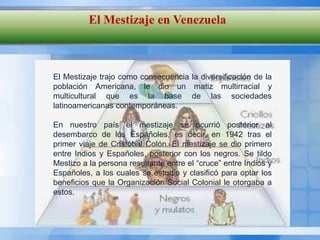 El Mestizaje en Venezuela



El Mestizaje trajo como consecuencia la diversificación de la
población Americana, le dio un matiz multirracial y
multicultural que es la base de las sociedades
latinoamericanas contemporáneas.

En nuestro país el mestizaje se ocurrió posterior al
desembarco de los Españoles, es decir, en 1942 tras el
primer viaje de Cristóbal Colón. El mestizaje se dio primero
entre Indios y Españoles, posterior con los negros. Se tildo
Mestizo a la persona resultante entre el “cruce” entre Indios y
Españoles, a los cuales se estudio y clasificó para optar los
beneficios que la Organización Social Colonial le otorgaba a
estos.
 