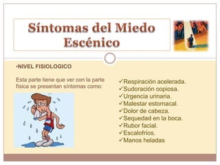 •NIVEL FISIOLOGICO

Esta parte tiene que ver con la parte   Respiración acelerada.
física se presentan síntomas como:
                                        Sudoración copiosa.
                                        Urgencia urinaria.
                                        Malestar estomacal.
                                        Dolor de cabeza.
                                        Sequedad en la boca.
                                        Rubor facial.
                                        Escalofríos.
                                        Manos heladas
 
