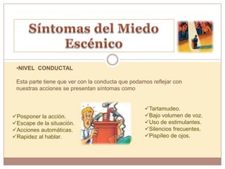 •NIVEL CONDUCTAL

 Esta parte tiene que ver con la conducta que podamos reflejar con
 nuestras acciones se presentan síntomas como


                                                   Tartamudeo.
Posponer la acción.                               Bajo volumen de voz.
Escape de la situación.                           Uso de estimulantes.
Acciones automáticas.                             Silencios frecuentes.
Rapidez al hablar.                                Pispíleo de ojos.
 
