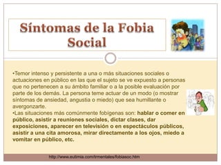 •Temor intenso y persistente a una o más situaciones sociales o
actuaciones en público en las que el sujeto se ve expuesto a personas
que no pertenecen a su ámbito familiar o a la posible evaluación por
parte de los demás. La persona teme actuar de un modo (o mostrar
síntomas de ansiedad, angustia o miedo) que sea humillante o
avergonzarte.
•Las situaciones más comúnmente fobígenas son: hablar o comer en
público, asistir a reuniones sociales, dictar clases, dar
exposiciones, aparecer en televisión o en espectáculos públicos,
asistir a una cita amorosa, mirar directamente a los ojos, miedo a
vomitar en público, etc.


              http://www.eutimia.com/trmentales/fobiasoc.htm
 