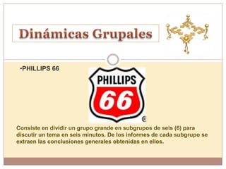 •PHILLIPS 66




Consiste en dividir un grupo grande en subgrupos de seis (6) para
discutir un tema en seis minutos. De los informes de cada subgrupo se
extraen las conclusiones generales obtenidas en ellos.
 