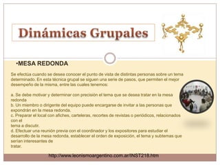 •MESA REDONDA
Se efectúa cuando se desea conocer el punto de vista de distintas personas sobre un tema
determinado. En esta técnica grupal se siguen una serie de pasos, que permiten el mejor
desempeño de la misma, entre las cuales tenemos:

a. Se debe motivar y determinar con precisión el tema que se desea tratar en la mesa
redonda
b. Un miembro o dirigente del equipo puede encargarse de invitar a las personas que
expondrán en la mesa redonda.
c. Preparar el local con afiches, carteleras, recortes de revistas o periódicos, relacionados
con el
tema a discutir.
d. Efectuar una reunión previa con el coordinador y los expositores para estudiar el
desarrollo de la mesa redonda, establecer el orden de exposición, el tema y subtemas que
serían interesantes de
tratar.

                    http://www.leonismoargentino.com.ar/INST218.htm
 