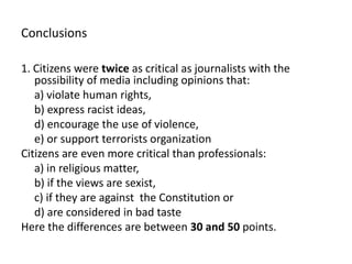Conclusions1. Citizens were twice as critical as journalists with the possibility of media including opinions that: 	a) violate human rights, 	b) express racist ideas, 	d) encourage the use of violence, 	e) or support terrorists organization Citizens are even more critical than professionals: 	a) in religious matter, 	b) if the views are sexist, 	c) if they are against  the Constitution or 	d) are considered in bad tasteHere the differences are between 30 and 50 points. 