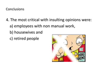 Conclusions4. The most critical with insulting opinions were: a) employees with non manual work, 	b) housewives and 	c) retired people 