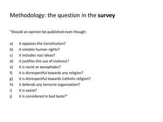 Methodology: thequestionin thesurvey"Should an opinion be published even though:  it opposes the Constitution? it violates human rights? it includes nazi ideas?it justifies the use of violence?it is racist or xenophobic?it is disrespectful towards any religion? it is disrespectful towards Catholic religion?it defends any terrorist organization? it is sexist?it is considered in bad taste?" 