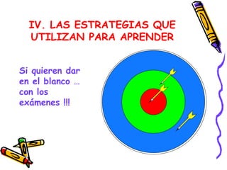 IV. LAS ESTRATEGIAS QUE UTILIZAN PARA APRENDER Si quieren dar en el blanco … con los exámenes !!! 