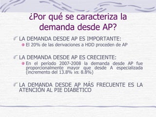 ¿Por qué se caracteriza la demanda desde AP? LA DEMANDA DESDE AP ES IMPORTANTE: El 20% de las derivaciones a HDD proceden de AP LA DEMANDA DESDE AP ES CRECIENTE: En el período 2007-2008 la demanda desde AP fue proporcionalmente mayor que desde A especializada (incremento del 13.8%  vs.  8.8%) LA DEMANDA DESDE AP MÁS FRECUENTE ES LA ATENCIÓN AL PIE DIABÉTICO 