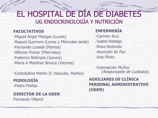 EL HOSPITAL DE DÍA DE DIABETES UG ENDOCRINOLOGÍA Y NUTRICIÓN FACULTATIVOS -Miguel Ángel Mangas (Lunes) -Raquel Guerrero (Lunes y Miércoles tarde) -Fernando Losada (Martes) -Alfonso Pumar (Miércoles) -Federico Relimpio (Jueves) -María A Martínez Brocca (Viernes) -Cristobalina Martín (C Vascular, Martes) ENFERMERÍA -Carmen Ruiz -Isabel Hidalgo -Rosa Redondo -Asunción de Paz  -Ana Pérez -Concepción Muñoz ( Responsable de Cuidados ) PODOLOGÍA -Pedro Mañas AUXILIARES DE CLÍNICA PERSONAL ADMINISTRATIVO (UGEN) DIRECTOR DE LA UGEN Fernando Villamil 
