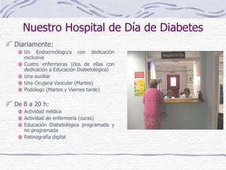 Nuestro Hospital de Día de Diabetes Diariamente: Un Endocrinólogo/a con dedicación exclusiva Cuatro enfermeras (dos de ellas con dedicación a Educación Diabetológica) Una auxiliar Una Cirujana Vascular (Martes) Podólogo (Martes y Viernes tarde) De 8 a 20 h: Actividad médica Actividad de enfermería (curas) Educación Diabetológica programada y no programada Retinografía digital 