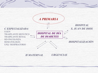 HOSPITAL DE DÍA  DE DIABETES A PRIMARIA C ESPECIALIZADA UGEN TRASPLANTE HEPÁTICO TRASPLANTE RENAL HD ONCOLOGÍA HEMATOLOGÍA UFQ / RESPIRATORIO URGENCIAS HOSPITAL  S. JUAN DE DIOS HOSPITALIZACIÓN H MATERNAL 