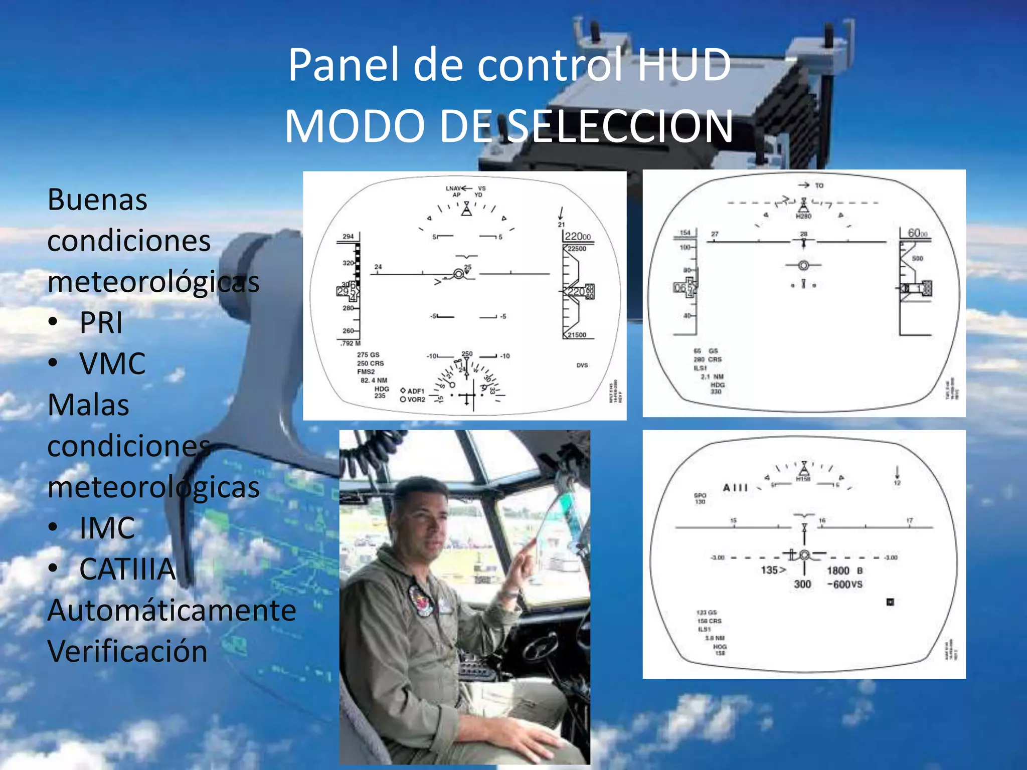 Panel de control HUD
MODO DE SELECCION
Buenas
condiciones
meteorológicas
• PRI
• VMC
Malas
condiciones
meteorológicas
• IMC
• CATIIIA
Automáticamente
Verificación
 