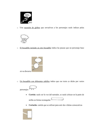 o Una sucesión de globos que envuelven a los personajes suele indicar pelea




o El bocadillo incluido en otro bocadillo indica las pausas que un personaje hace




   en su discurso




o Un bocadillo con diferentes rabillos indica que ese texto es dicho por varios



   personajes

          •     Cartela: suele ser la voz del narrador, se suele colocar en la parte de

                arriba en forma rectangular.

          •     Cartucho: cartela que se utilizar para unir dos viñetas consecutivas
 