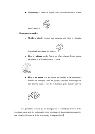 •   Onomatopeya: imitación lingüística de un sonido natural o de otro




                   sonido acústico.

   -   Signos convencionales:

               •   Metáfora visual: recurso que presenta una idea o situación




                   determinada a través de una imagen.

               •   Figuras cinéticas: son las figuras que ofrecen ilusión de movimiento
                   a través de la utilización de rayas, curvas…




               •   Figuras de apoyo: son los signos que ayudan a los personajes a
                   trasmitir los mensajes, como por ejemplo los signos de interrogación
                   para mostrar duda, o los de exclamación para mostrar sorpresa.




         Y ya por último explicar que las descripciones se suelen hacer a través de los
personajes, y que tanto los sentimientos como los estados de ánimo se comunican sobre
todo a través de los rostros de los personajes y de su gestualidad.
 