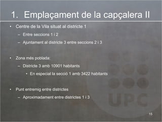 Centre de la Vila situat al districte 1 Entre seccions 1 i 2 Ajuntament al districte 3 entre seccions 2 i 3 Zona més poblada: Districte 3 amb 10901 habitants En especial la secció 1 amb 3422 habitants Punt entremig entre districtes Aproximadament entre districtes 1 i 3 Emplaçament de la capçalera II 