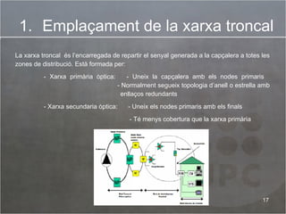 Emplaçament de la xarxa troncal La xarxa troncal  és l’encarregada de repartir el senyal generada a la capçalera a totes les zones de distribució. Està formada per: - Xarxa primària òptica:  - Uneix la capçalera amb els nodes primaris     - Normalment segueix topologia d’anell o estrella amb    enllaços redundants - Xarxa secundaria òptica:  - Uneix els nodes primaris amb els finals - Té menys cobertura que la xarxa primària 