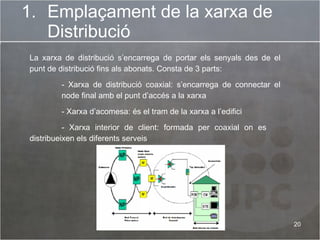 Emplaçament de la xarxa de Distribució La xarxa de distribució s’encarrega de portar els senyals des de el punt de distribució fins als abonats. Consta de 3 parts: - Xarxa de distribució coaxial: s’encarrega de connectar el  node final amb el punt d’accés a la xarxa - Xarxa d’acomesa: és el tram de la xarxa a l’edifici - Xarxa interior de client: formada per coaxial on es  distribueixen els diferents serveis 