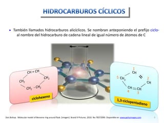 También llamados hidrocarburos alicíclicos. Se nombran anteponiendo el prefijo ciclo- al nombre del hidrocarburo de cadena lineal de igual número de átomos de CCH = CHCH21CH2CH=CH2  - CH225CH2CHCH      CH34HIDROCARBUROS CÍCLICOSciclohexeno1,3-ciclopentadieno6Don Bishop.  Molecular model of Benzene ring aroundflask. [imagen]: Brand X Pictures. 2010. No.78372090. Disponible en: www.gettyimages.com