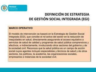DEFINICIÓN DE ESTRATEGIA
DE GESTIÓN SOCIAL INTEGRADA (EGI)
MARCO OPERATIVO
El modelo de intervención se basará en la Estra...