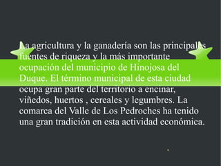 Agricultura
La agricultura y la ganadería son las principales
fuentes de riqueza y la más importante
ocupación del municipio de Hinojosa del
Duque. El término municipal de esta ciudad
ocupa gran parte del territorio a encinar,
viñedos, huertos , cereales y legumbres. La
comarca del Valle de Los Pedroches ha tenido
una gran tradición en esta actividad económica.
 