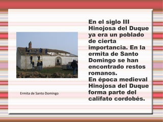 En el siglo III
                          Hinojosa del Duque
                          ya era un poblado
                          de cierta
                          importancia. En la
                          ermita de Santo
                          Domingo se han
                          encontrado restos
                          romanos.
                          En época medieval
                          Hinojosa del Duque
Ermita de Santo Domingo   forma parte del
                          califato cordobés.
 