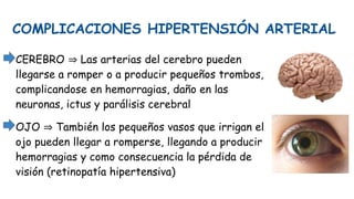 COMPLICACIONES HIPERTENSIÓN ARTERIAL
CEREBRO ⇒ Las arterias del cerebro pueden
llegarse a romper o a producir pequeños trombos,
complicandose en hemorragias, daño en las
neuronas, ictus y parálisis cerebral
OJO ⇒ También los pequeños vasos que irrigan el
ojo pueden llegar a romperse, llegando a producir
hemorragias y como consecuencia la pérdida de
visión (retinopatía hipertensiva)
 