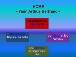 HOME
- Yann Arthus Bertrand Présentation du
video HOME

Diapositiva 3
Déjeuner su matin

Le désert et les
camaux
Les différents
paysages dans
l’air

 