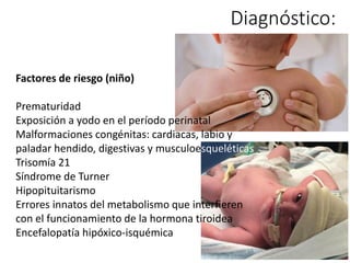 Diagnóstico:
Factores de riesgo (niño)
Prematuridad
Exposición a yodo en el período perinatal
Malformaciones congénitas: cardiacas, labio y
paladar hendido, digestivas y musculoesqueléticas
Trisomía 21
Síndrome de Turner
Hipopituitarismo
Errores innatos del metabolismo que interfieren
con el funcionamiento de la hormona tiroidea
Encefalopatía hipóxico-isquémica
 