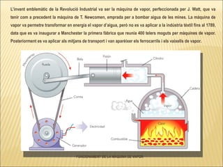 L’invent emblemàtic de la Revolució Industrial va ser la màquina de vapor, perfeccionada per J. Watt, que va tenir com a precedent la màquina de T. Newcomen, emprada per a bombar aigua de les mines. La màquina de vapor va permetre transformar en energia el vapor d’aigua, però no es va aplicar a la indústria tèxtil fins al 1789, data que es va inaugurar a Manchester la primera fàbrica que reunia 400 telers moguts per màquines de vapor. Posteriorment es va aplicar als mitjans de transport i van aparèixer els ferrocarrils i els vaixells de vapor. FUNCIONAMENT DE LA MÀQUINA DE VAPOR 