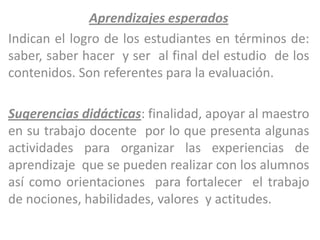 Aprendizajes esperados
Indican el logro de los estudiantes en términos de:
saber, saber hacer y ser al final del estudio de los
contenidos. Son referentes para la evaluación.

Sugerencias didácticas: finalidad, apoyar al maestro
en su trabajo docente por lo que presenta algunas
actividades para organizar las experiencias de
aprendizaje que se pueden realizar con los alumnos
así como orientaciones para fortalecer el trabajo
de nociones, habilidades, valores y actitudes.
 