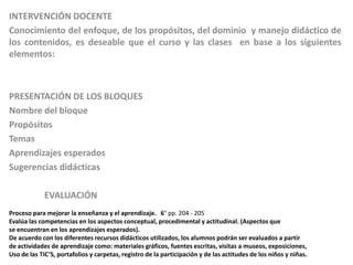 INTERVENCIÓN DOCENTE
Conocimiento del enfoque, de los propósitos, del dominio y manejo didáctico de
los contenidos, es deseable que el curso y las clases en base a los siguientes
elementos:



PRESENTACIÓN DE LOS BLOQUES
Nombre del bloque
Propósitos
Temas
Aprendizajes esperados
Sugerencias didácticas

             EVALUACIÓN
Proceso para mejorar la enseñanza y el aprendizaje. 6° pp. 204 - 205
Evalúa las competencias en los aspectos conceptual, procedimental y actitudinal. (Aspectos que
se encuentran en los aprendizajes esperados).
De acuerdo con los diferentes recursos didácticos utilizados, los alumnos podrán ser evaluados a partir
de actividades de aprendizaje como: materiales gráficos, fuentes escritas, visitas a museos, exposiciones,
Uso de las TIC’S, portafolios y carpetas, registro de la participación y de las actitudes de los niños y niñas.
 