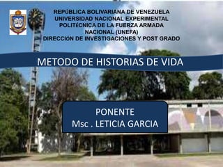 METODO DE HISTORIAS DE VIDA
PONENTE
Msc . LETICIA GARCIA
REPÚBLICA BOLIVARIANA DE VENEZUELA
UNIVERSIDAD NACIONAL EXPERIMENTAL
POLITÉCNICA DE LA FUERZA ARMADA
NACIONAL (UNEFA)
DIRECCIÓN DE INVESTIGACIONES Y POST GRADO
 