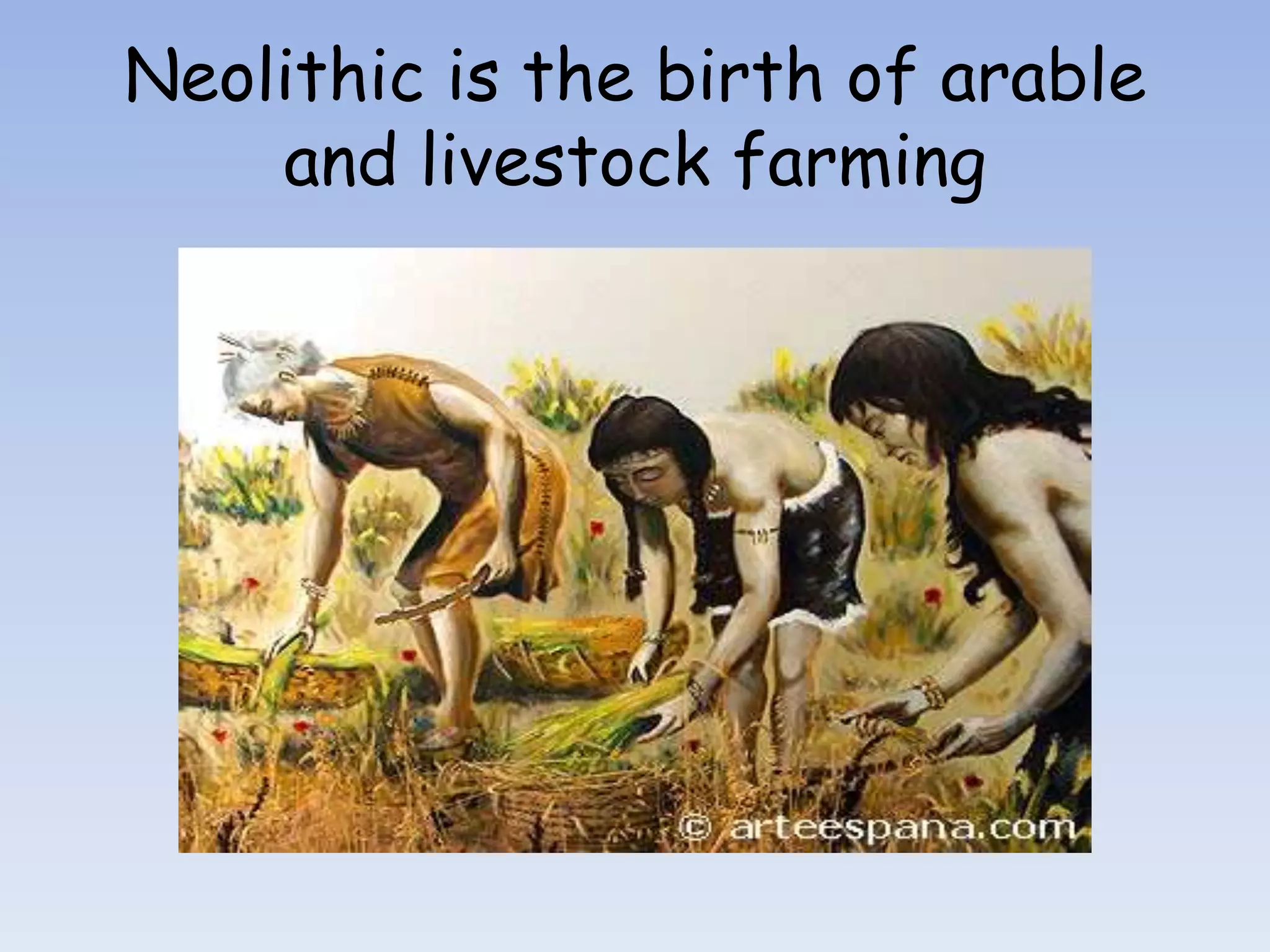 Neolithic is the birth of arable
    and livestock farming
 