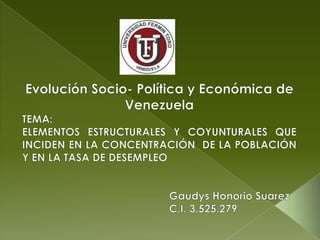 Evolución Socio- Política y Económica de Venezuela TEMA:  ELEMENTOS ESTRUCTURALES Y COYUNTURALES QUE INCIDEN EN LA CONCENTRACIÓN  DE LA POBLACIÓN Y EN LA TASA DE DESEMPLEO                                                 Gaudys Honorio Suarez                                                  C.I. 3.525.279 
