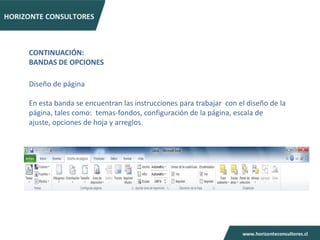 CONTINUACIÓN:
BANDAS DE OPCIONES

Diseño de página

En esta banda se encuentran las instrucciones para trabajar con el diseño de la
página, tales como: temas-fondos, configuración de la página, escala de
ajuste, opciones de hoja y arreglos.
 