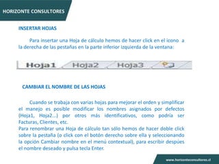 INSERTAR HOJAS

     Para insertar una Hoja de cálculo hemos de hacer click en el icono a
la derecha de las pestañas en la parte inferior izquierda de la ventana:




 CAMBIAR EL NOMBRE DE LAS HOJAS

     Cuando se trabaja con varias hojas para mejorar el orden y simplificar
el manejo es posible modificar los nombres asignados por defectos
(Hoja1, Hoja2...) por otros más identificativos, como podría ser
Facturas, Clientes, etc.
Para renombrar una Hoja de cálculo tan sólo hemos de hacer doble click
sobre la pestaña (o click con el botón derecho sobre ella y seleccionando
la opción Cambiar nombre en el menú contextual), para escribir despúes
el nombre deseado y pulsa tecla Enter.
 