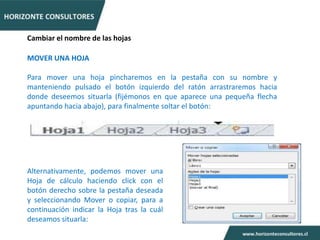 Cambiar el nombre de las hojas

MOVER UNA HOJA

Para mover una hoja pincharemos en la pestaña con su nombre y
manteniendo pulsado el botón izquierdo del ratón arrastraremos hacia
donde deseemos situarla (fijémonos en que aparece una pequeña flecha
apuntando hacia abajo), para finalmente soltar el botón:




Alternativamente, podemos mover una
Hoja de cálculo haciendo click con el
botón derecho sobre la pestaña deseada
y seleccionando Mover o copiar, para a
continuación indicar la Hoja tras la cuál
deseamos situarla:
 