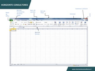 maximizar o restaurar
         Barra de       Barra de
                                          Barra de
         herramientas   opciones
Botón                                     Título
         de acceso




                                                                                     cerrar
de                                                   minimizar
         rápido
Office




                               Barra de
                               fórmula
 