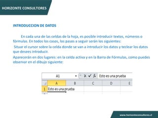 INTRODUCCION DE DATOS

     En cada una de las celdas de la hoja, es posible introducir textos, números o
fórmulas. En todos los casos, los pasos a seguir serán los siguientes:
 Situar el cursor sobre la celda donde se van a introducir los datos y teclear los datos
que desees introducir.
Aparecerán en dos lugares: en la celda activa y en la Barra de Fórmulas, como puedes
observar en el dibujo siguiente:
 
