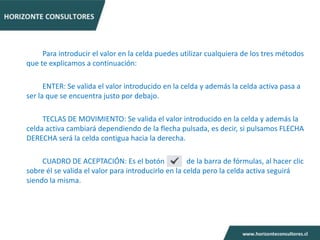 Para introducir el valor en la celda puedes utilizar cualquiera de los tres métodos
que te explicamos a continuación:

      ENTER: Se valida el valor introducido en la celda y además la celda activa pasa a
ser la que se encuentra justo por debajo.

     TECLAS DE MOVIMIENTO: Se valida el valor introducido en la celda y además la
celda activa cambiará dependiendo de la flecha pulsada, es decir, si pulsamos FLECHA
DERECHA será la celda contigua hacia la derecha.

     CUADRO DE ACEPTACIÓN: Es el botón               de la barra de fórmulas, al hacer clic
sobre él se valida el valor para introducirlo en la celda pero la celda activa seguirá
siendo la misma.
 