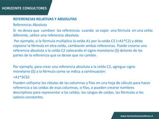REFERENCIAS RELATIVAS Y ABSOLUTAS
Referencias Absoluta
Si no desea que cambien las referencias cuando se copie una fórmula en una celda
diferente, utilice una referencia absoluta.
 Por ejemplo, si la fórmula multiplica la celda A1 por la celda C2 (=A1*C2) y debe
copiarse la fórmula en otra celda, cambiarán ambas referencias. Puede crearse una
referencia absoluta a la celda C2 colocando el signo monetario ($) delante de las
partes de la referencia que se desee que no cambie.

Por ejemplo, para crear una referencia absoluta a la celda C2, agregue signo
monetario ($) a la fórmula como se indica a continuación:
=A1*$C$2
Pueden utilizarse los rótulos de las columnas y filas en una hoja de cálculo para hacer
referencia a las celdas de esas columnas, o filas, o pueden crearse nombres
descriptivos para representar a las celdas, los rangos de celdas, las fórmulas o los
valores constantes.
 